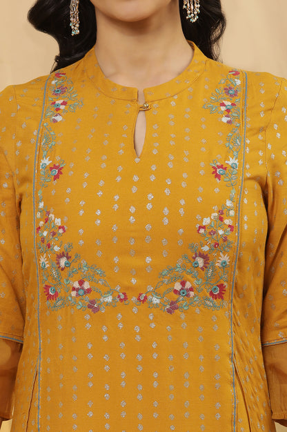 Yellow A-Line Embroidered Kurta And Parallel Pants Set