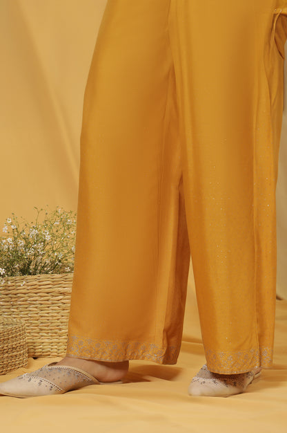 Yellow A-Line Embroidered Kurta And Parallel Pants Set