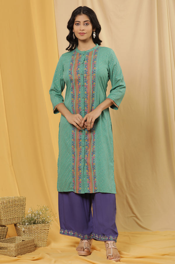 Green Glitter Printed Kurta And Parallel Pats Set