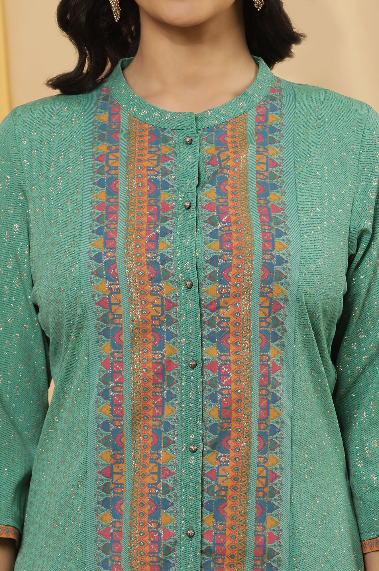 Green Glitter Printed Kurta And Parallel Pats Set