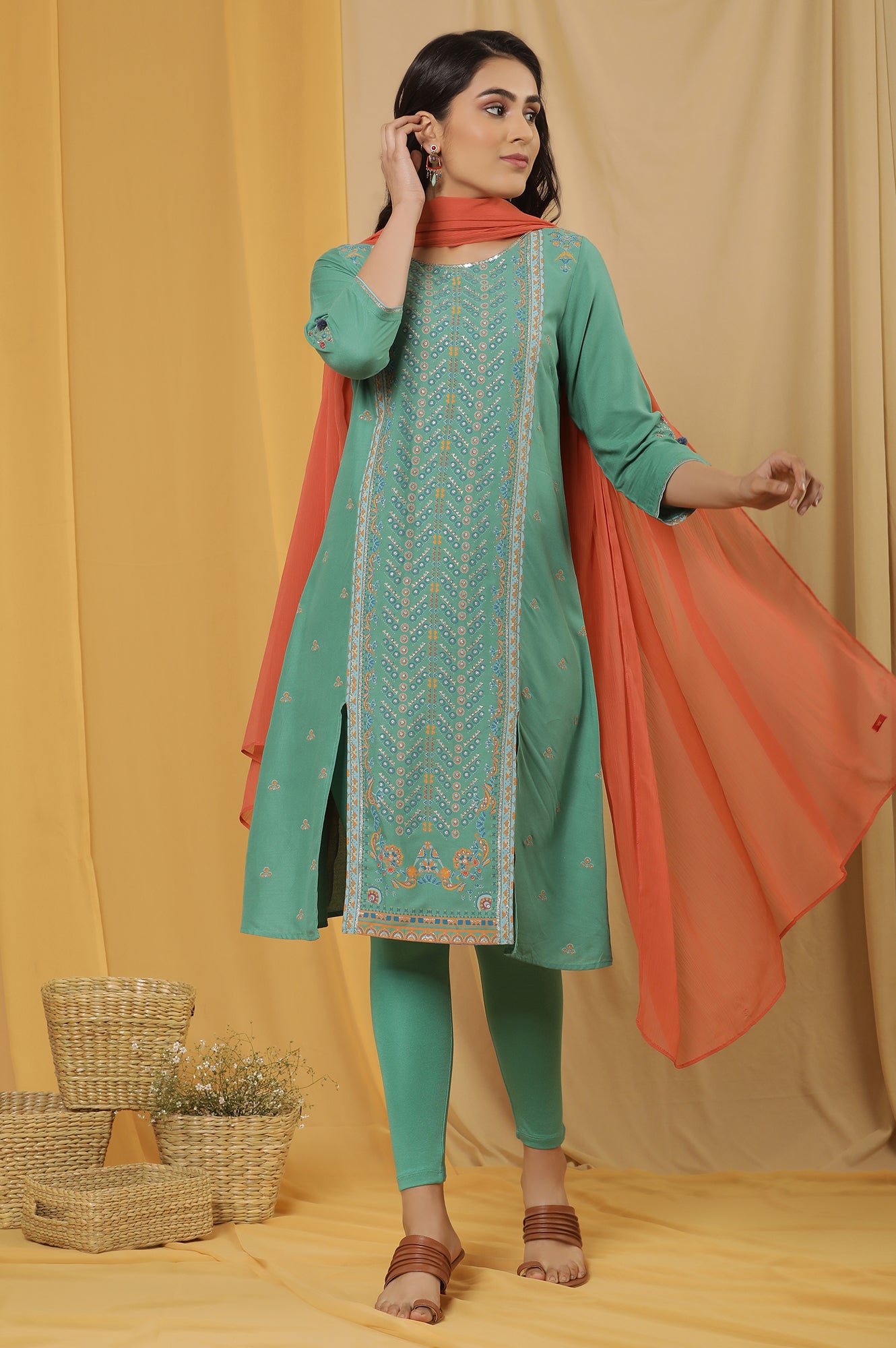 Green Placement Print Kurta, Tights And Dupatta Set