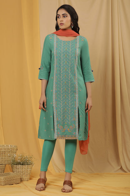 Green Placement Print Kurta, Tights And Dupatta Set