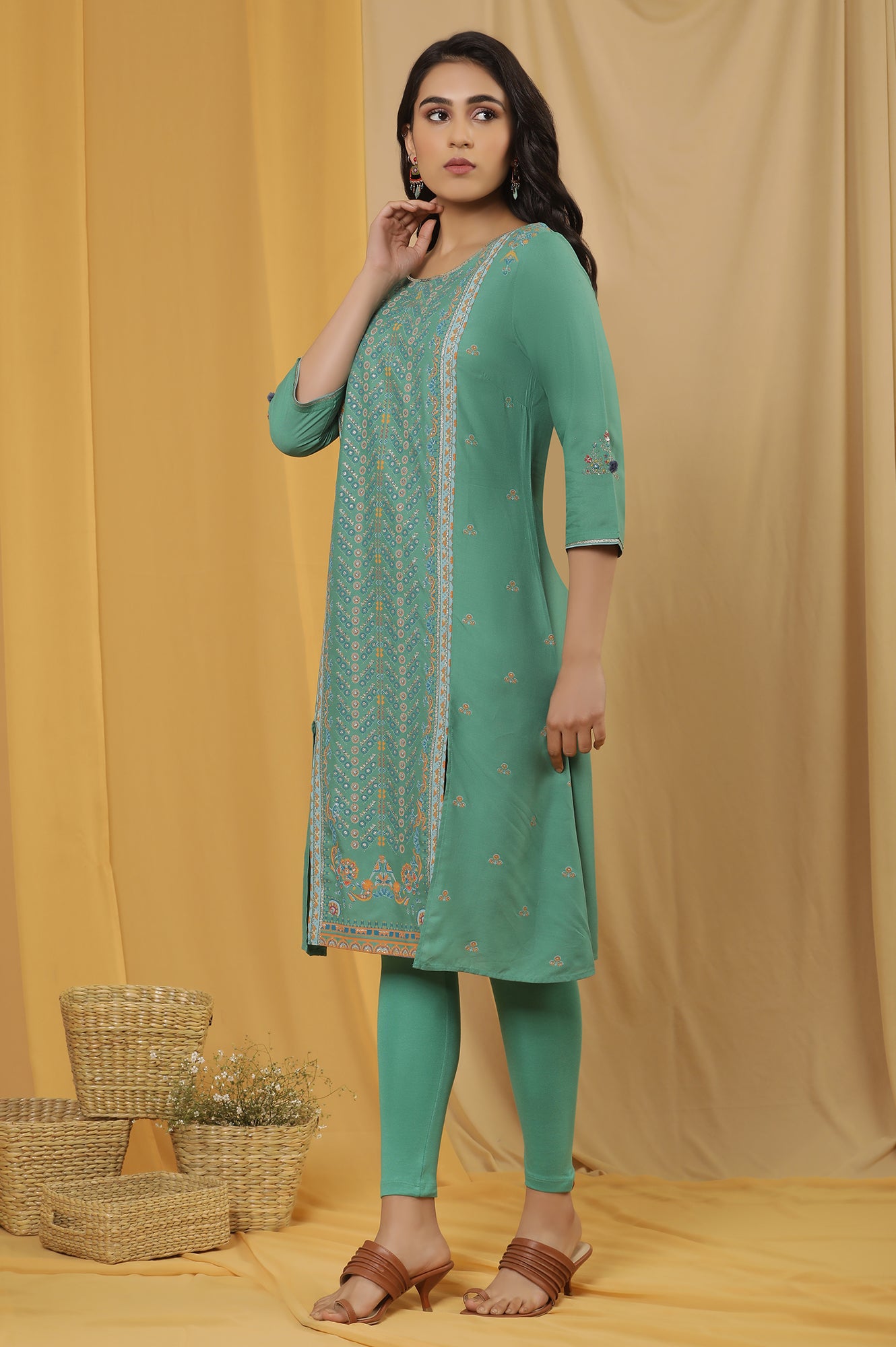 Green Placement Print Kurta, Tights And Dupatta Set