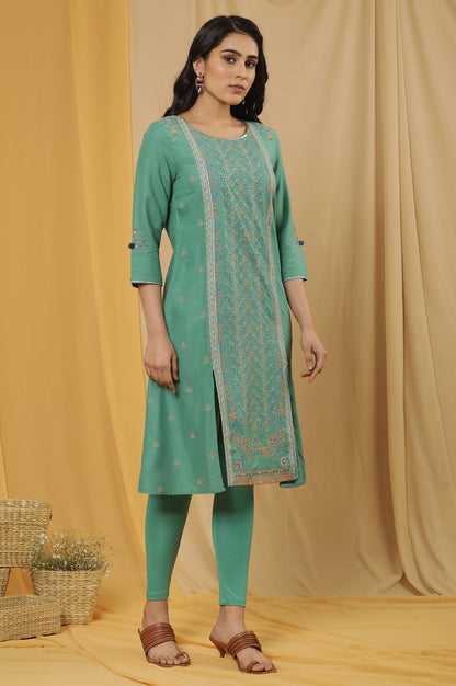 Green Placement Print Kurta, Tights And Dupatta Set