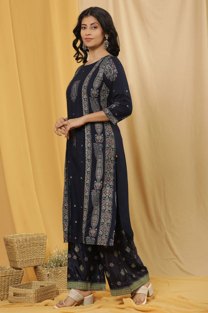 Blue Printed Festive Kurta And Parallel Pants Set