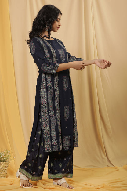 Blue Printed Festive Kurta And Parallel Pants Set