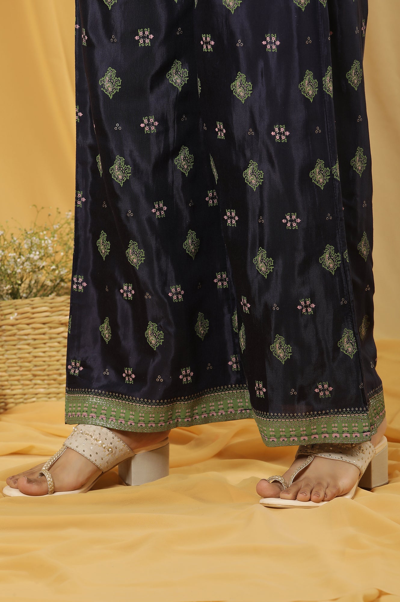 Blue Printed Festive Kurta And Parallel Pants Set