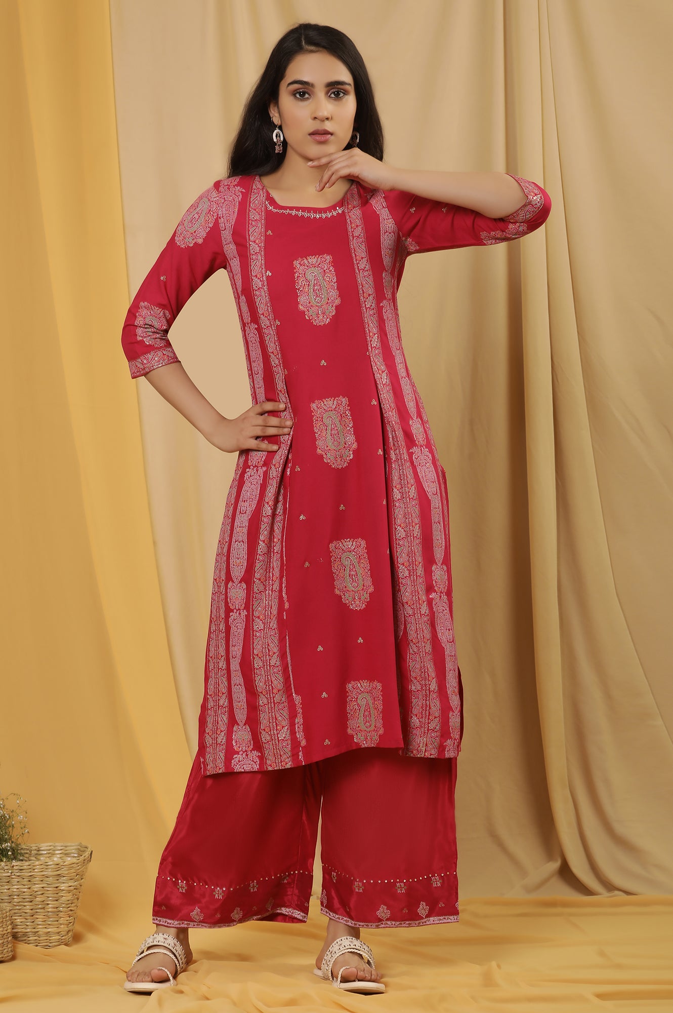 Pink Mock Layer Printed Kurta And Parallel Pants Set