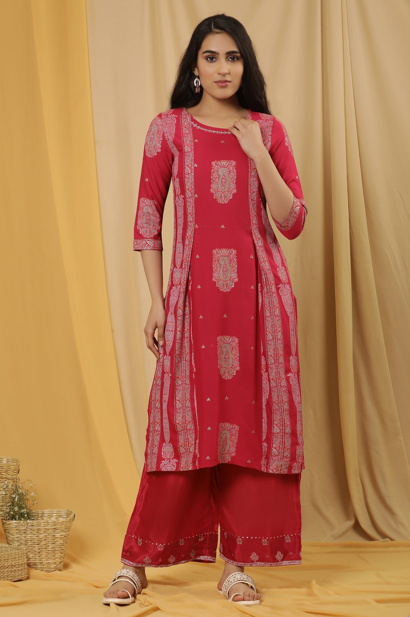 Pink Mock Layer Printed Kurta And Parallel Pants Set