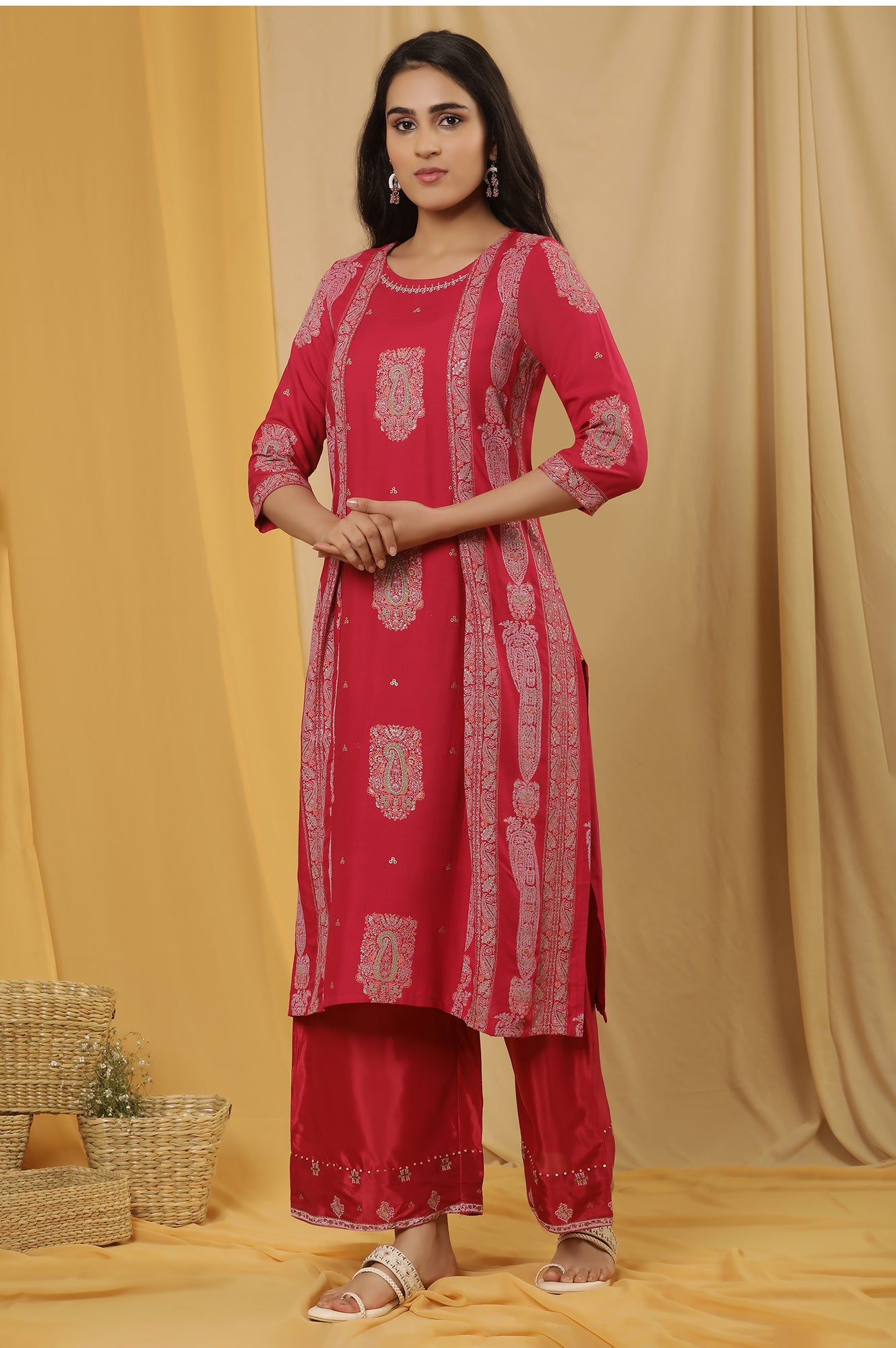 Pink Mock Layer Printed Kurta And Parallel Pants Set