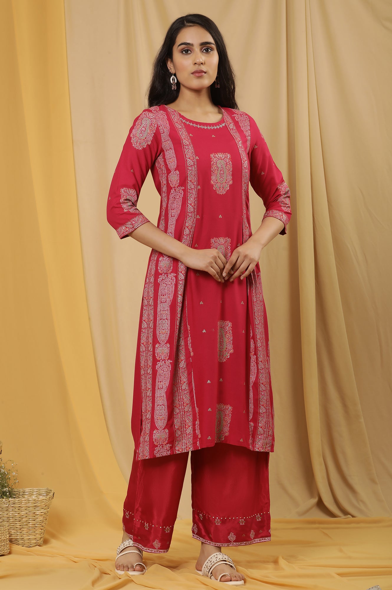 Pink Mock Layer Printed Kurta And Parallel Pants Set