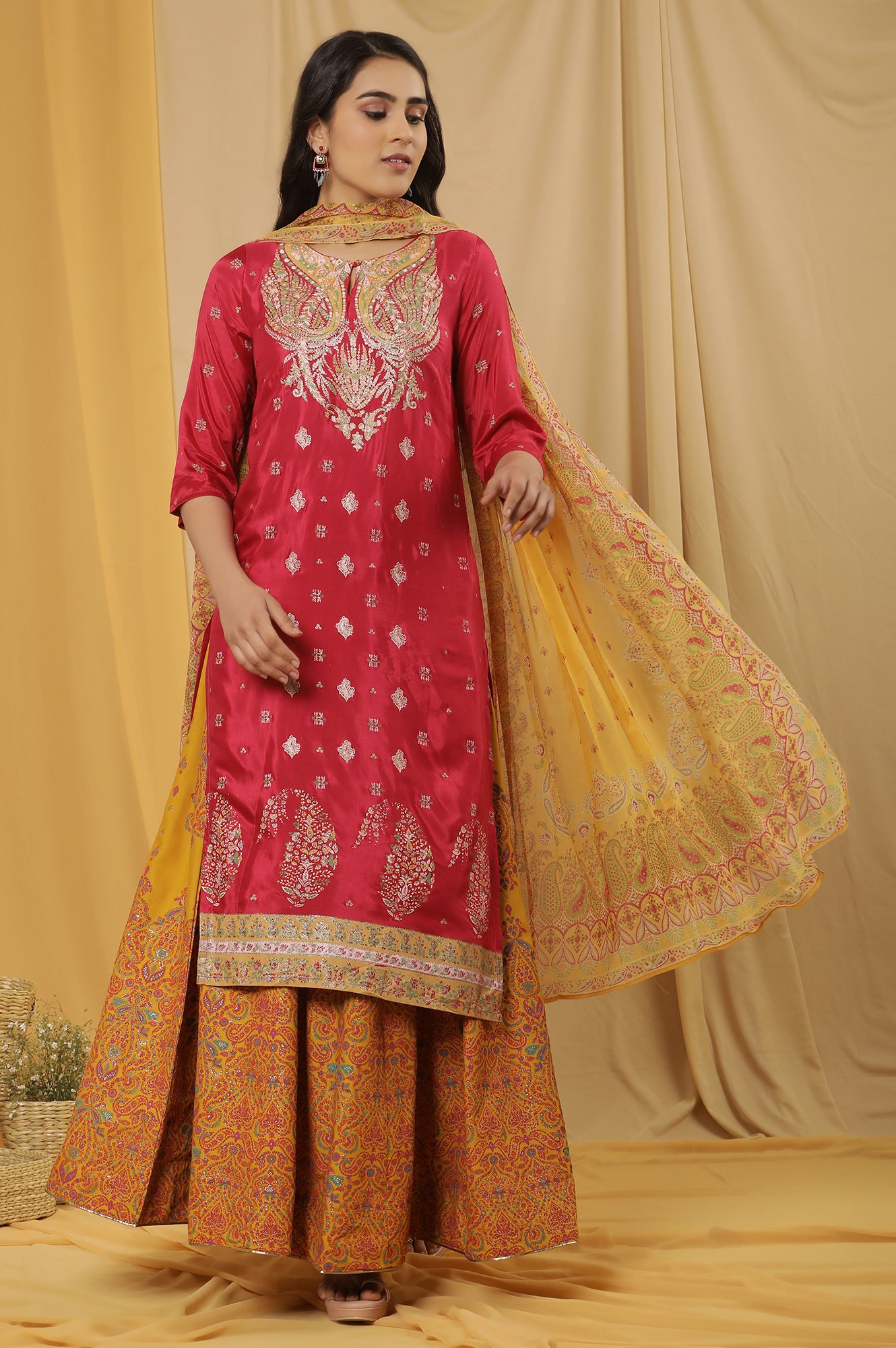 Pink Embroidered Kurta, Mustard Flared Skirt And Dupatta Set