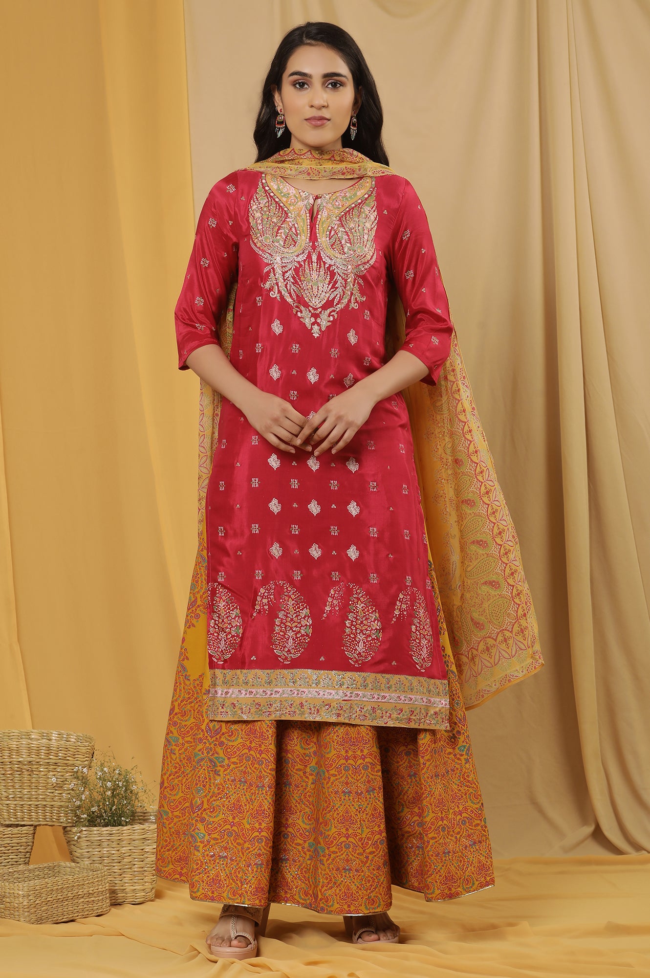 Pink Embroidered Kurta, Mustard Flared Skirt And Dupatta Set