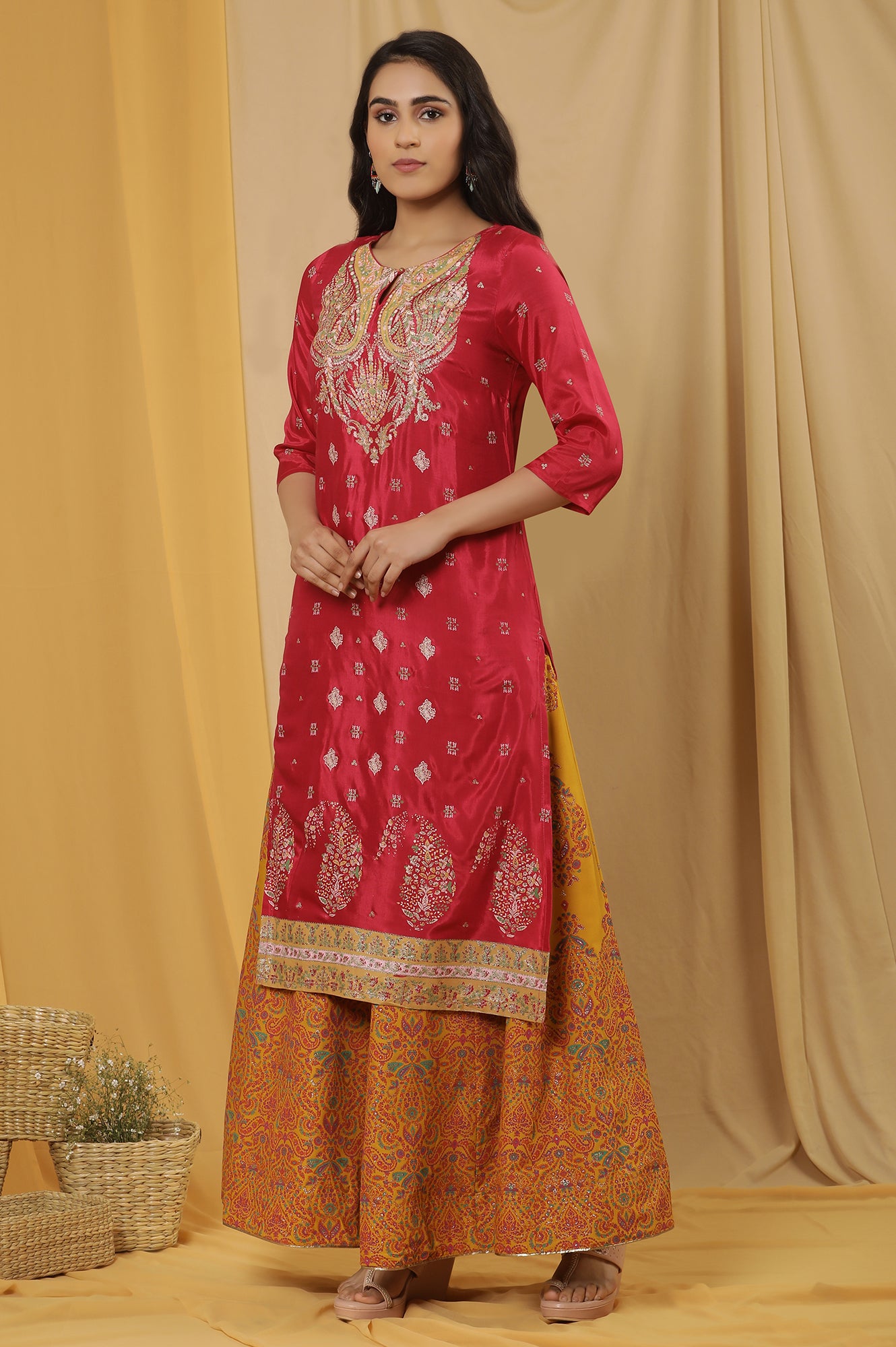 Pink Embroidered Kurta, Mustard Flared Skirt And Dupatta Set