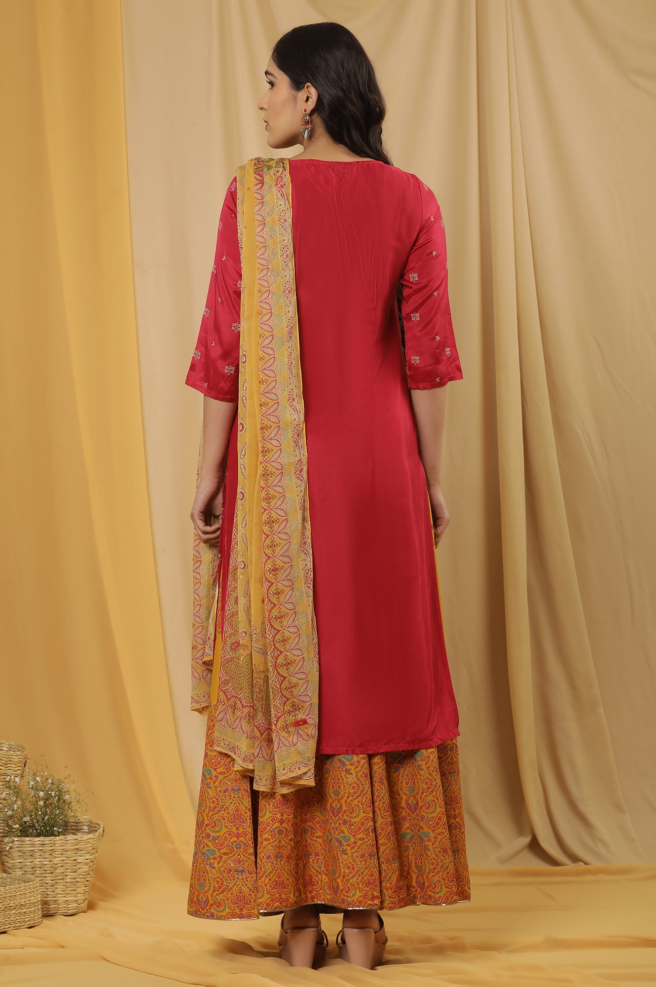 Pink Embroidered Kurta, Mustard Flared Skirt And Dupatta Set