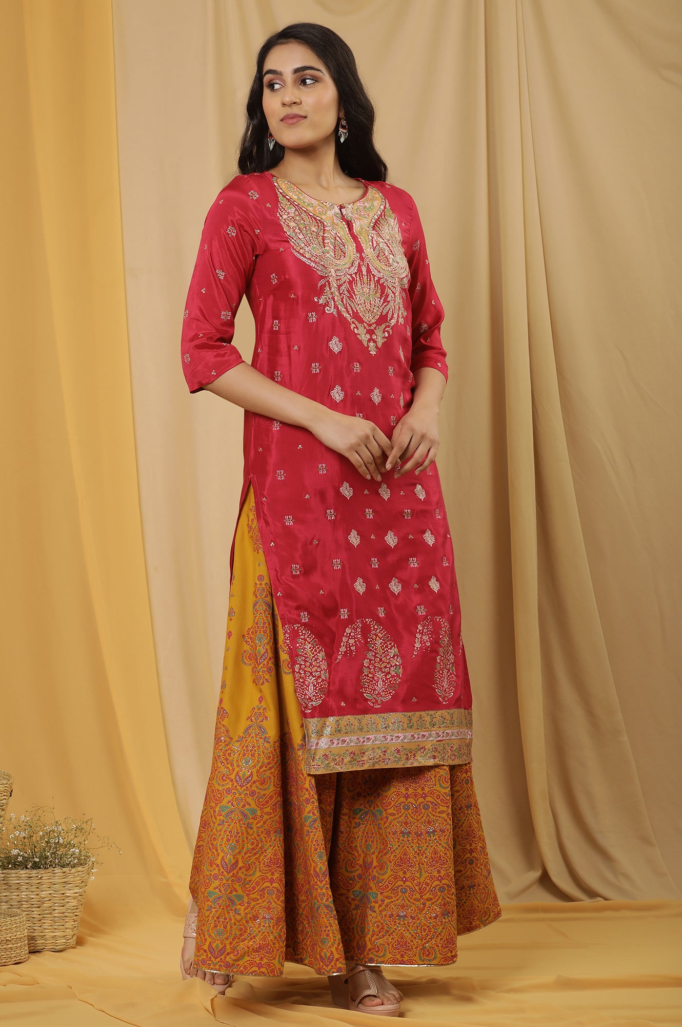 Pink Embroidered Kurta, Mustard Flared Skirt And Dupatta Set