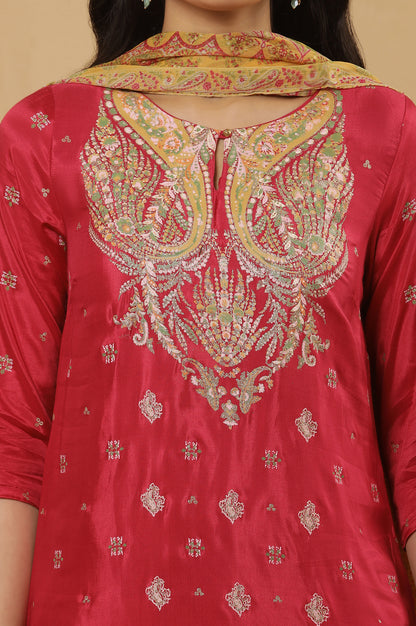 Pink Embroidered Kurta, Mustard Flared Skirt And Dupatta Set