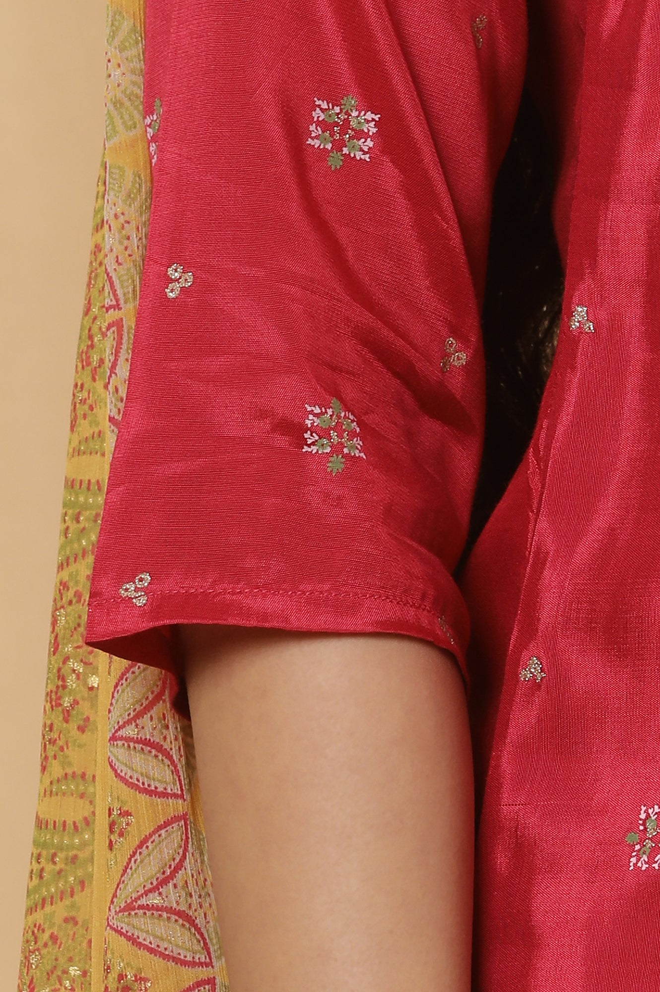 Pink Embroidered Kurta, Mustard Flared Skirt And Dupatta Set