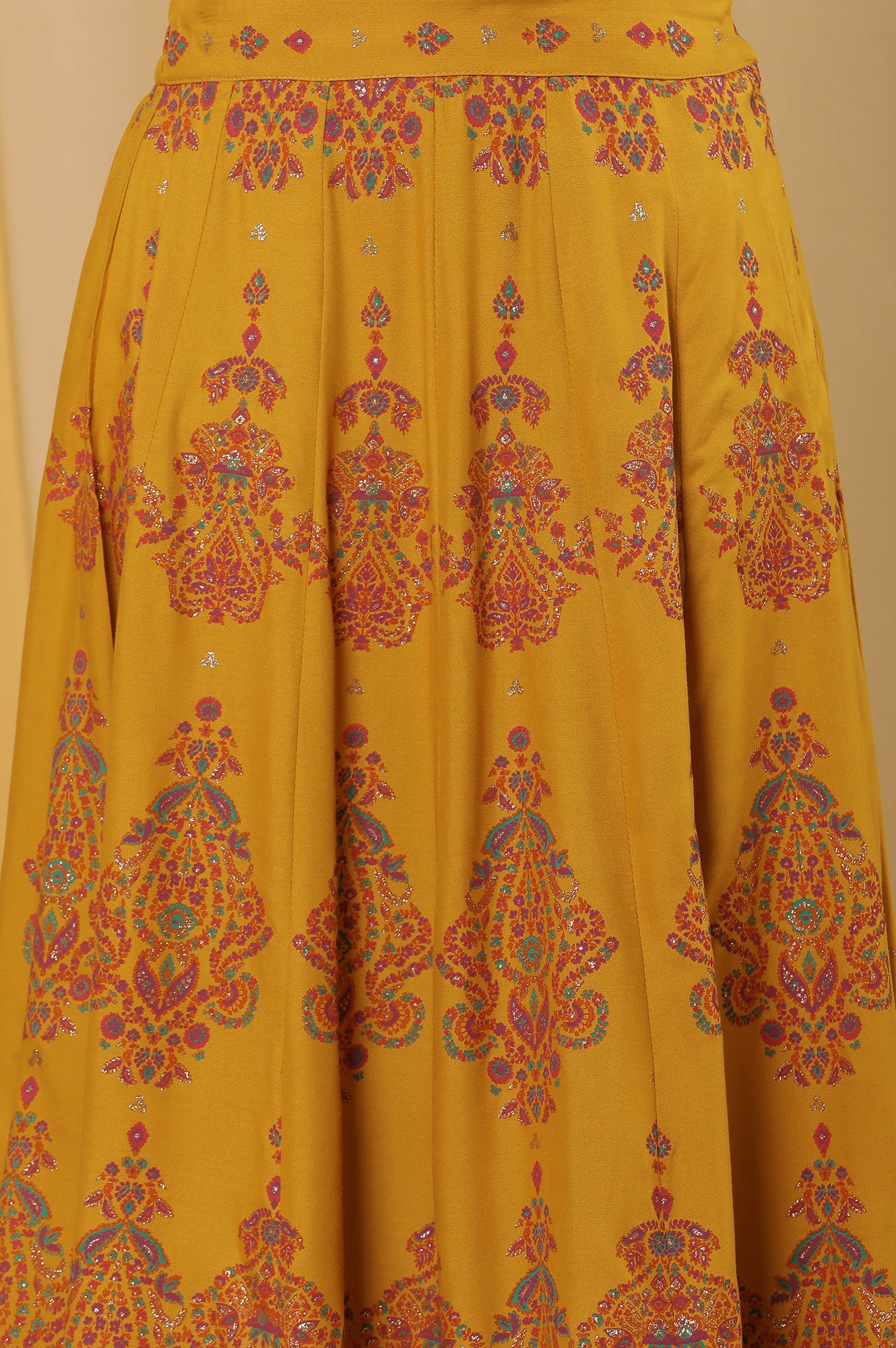 Pink Embroidered Kurta, Mustard Flared Skirt And Dupatta Set