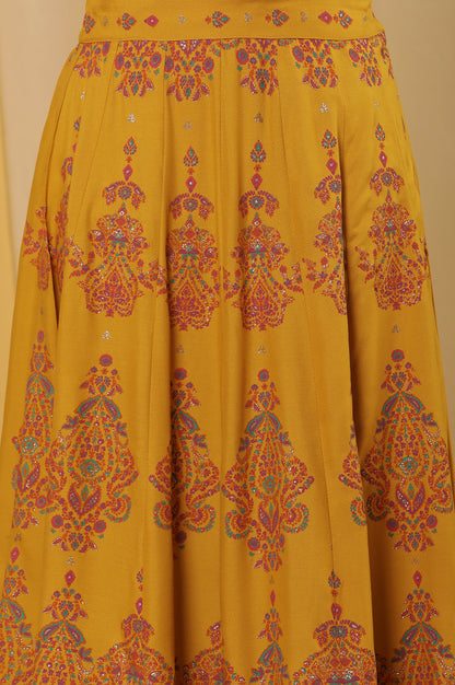 Pink Embroidered Kurta, Mustard Flared Skirt And Dupatta Set