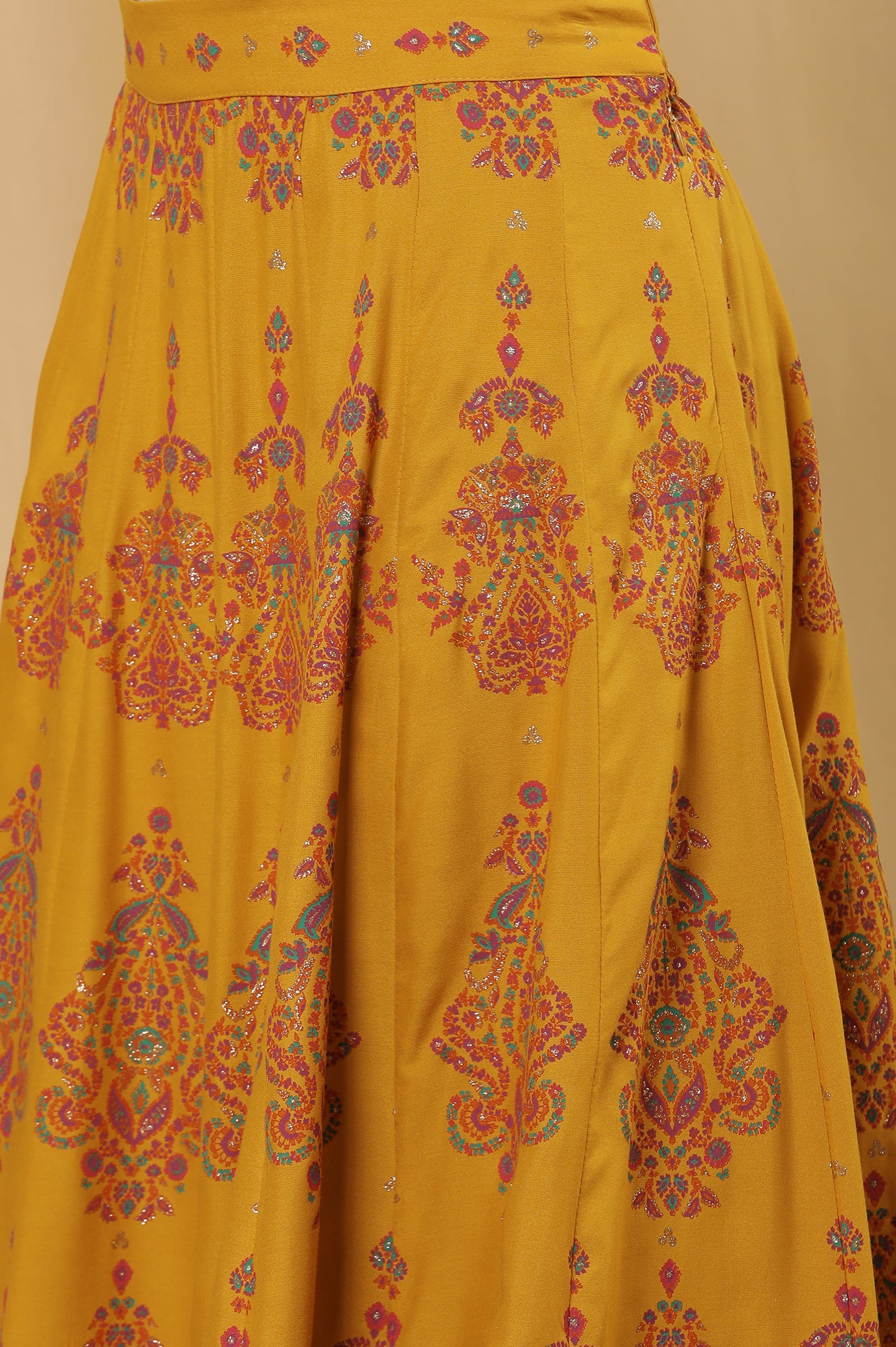 Pink Embroidered Kurta, Mustard Flared Skirt And Dupatta Set