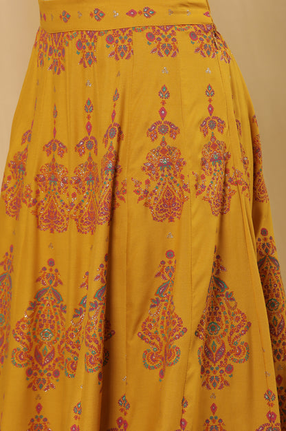 Pink Embroidered Kurta, Mustard Flared Skirt And Dupatta Set