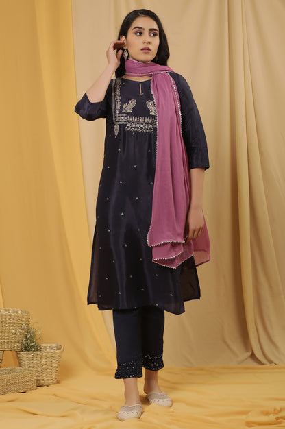 Blue Shantung Embroidered Kurta, Pants And Dupatta Set