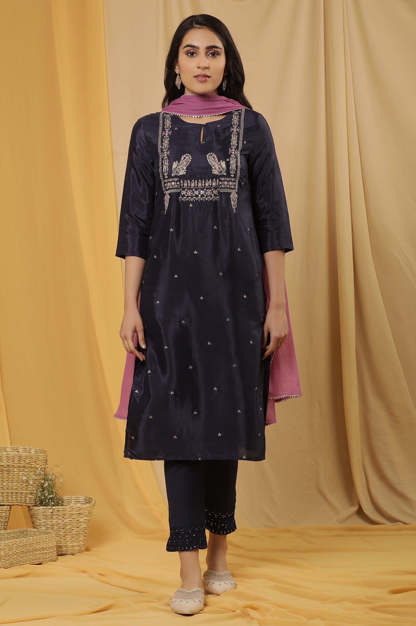 Blue Shantung Embroidered Kurta, Pants And Dupatta Set