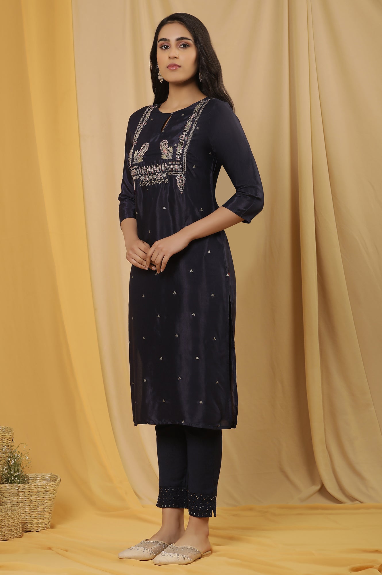 Blue Shantung Embroidered Kurta, Pants And Dupatta Set