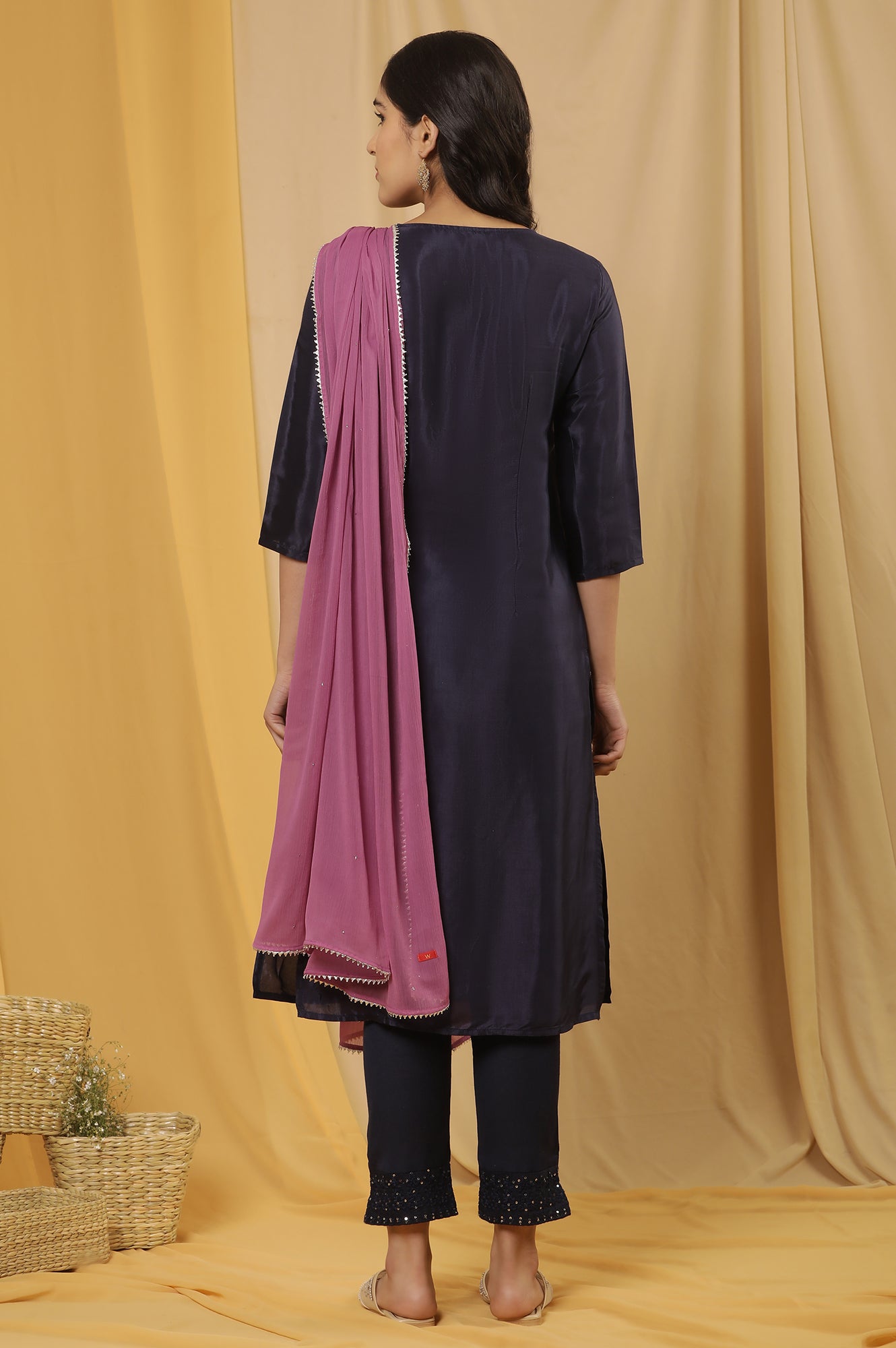 Blue Shantung Embroidered Kurta, Pants And Dupatta Set