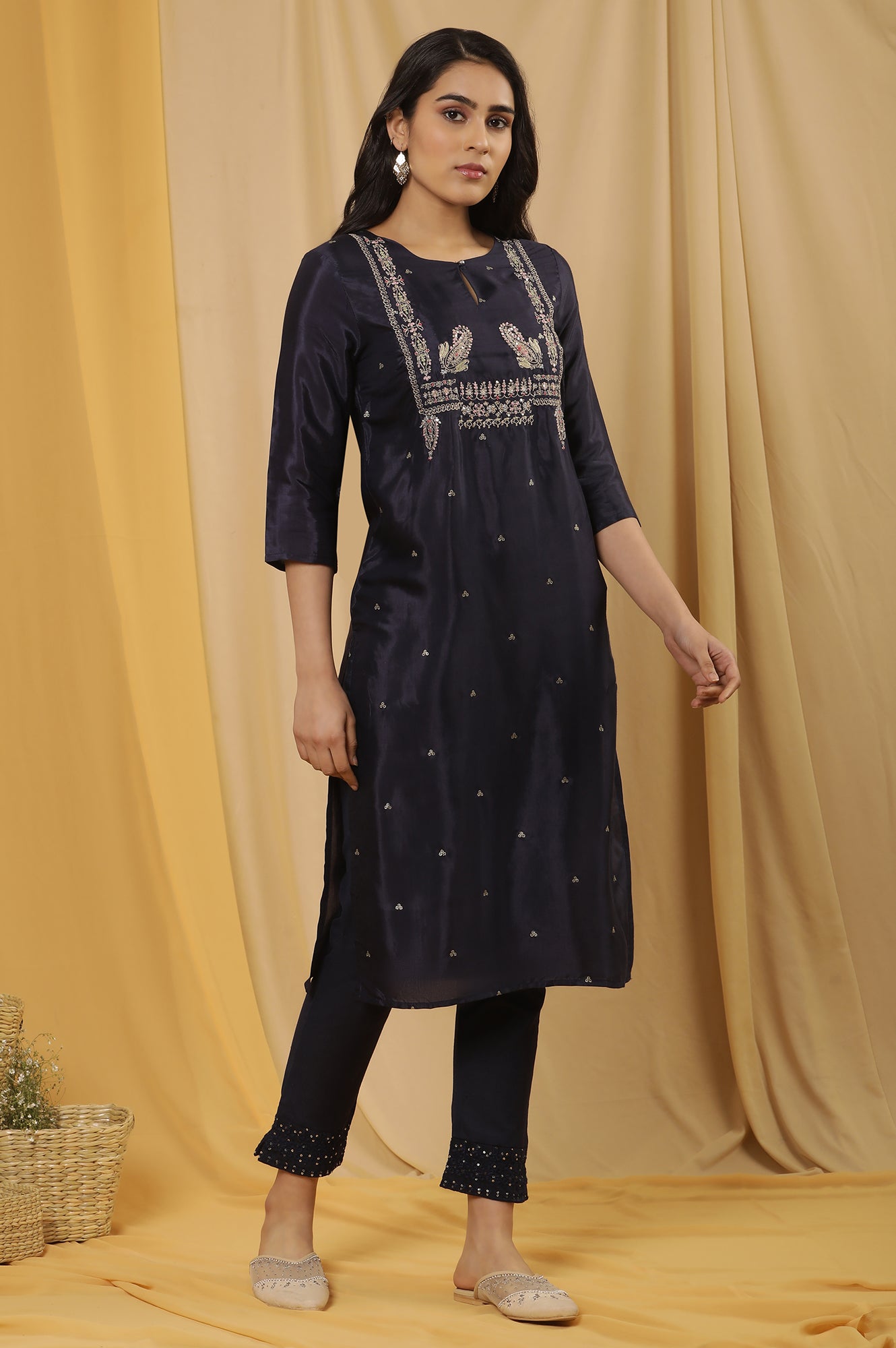 Blue Shantung Embroidered Kurta, Pants And Dupatta Set