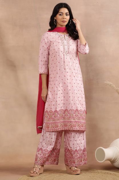 Pink Glitter Printed Embellished Kurta, Parallel Pants And Dupatta Set