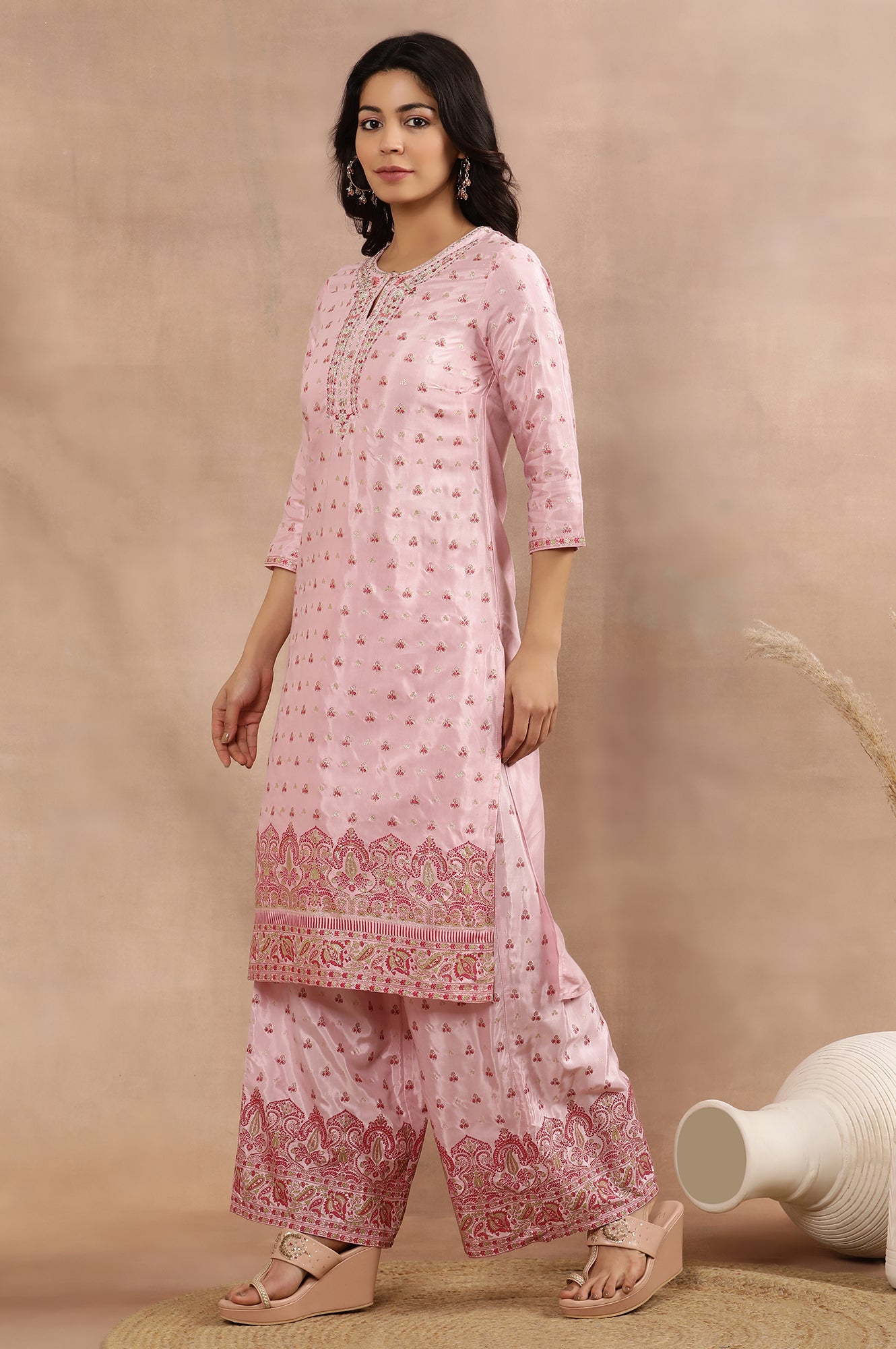 Pink Glitter Printed Embellished Kurta, Parallel Pants And Dupatta Set