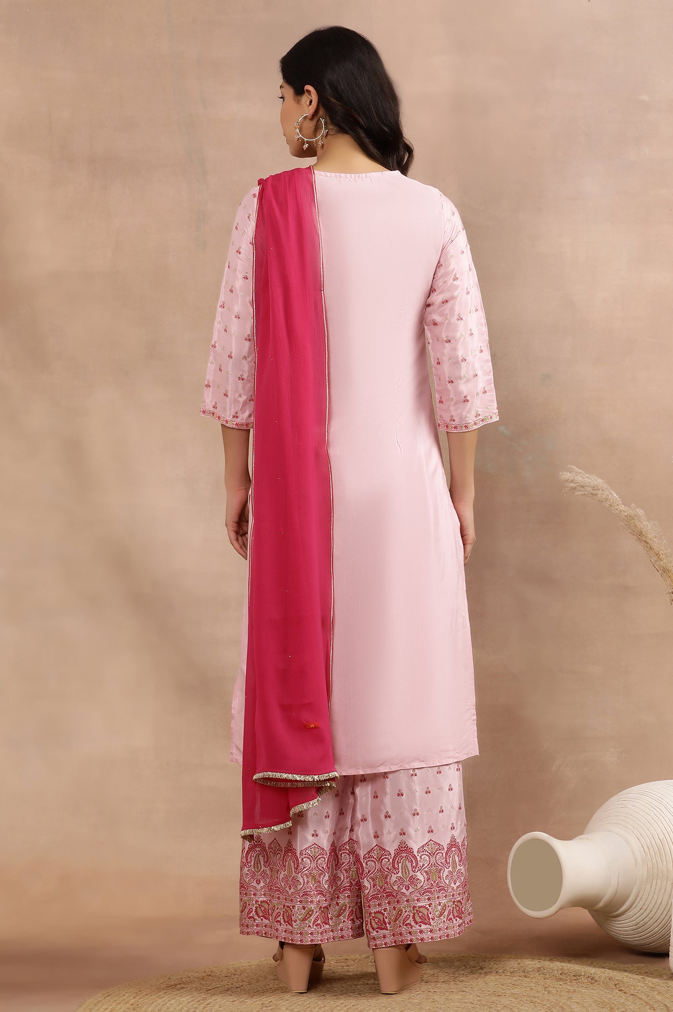 Pink Glitter Printed Embellished Kurta, Parallel Pants And Dupatta Set