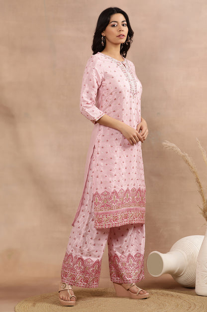 Pink Glitter Printed Embellished Kurta, Parallel Pants And Dupatta Set