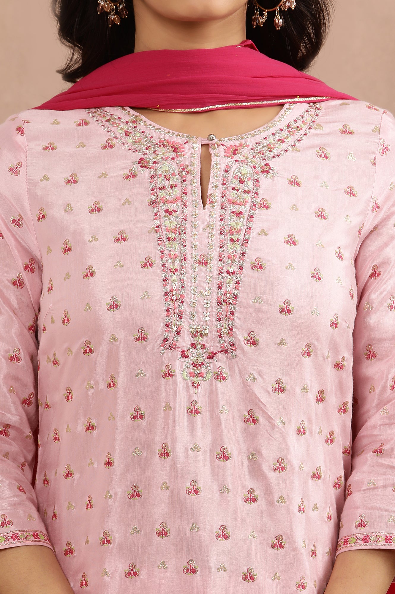 Pink Glitter Printed Embellished Kurta, Parallel Pants And Dupatta Set