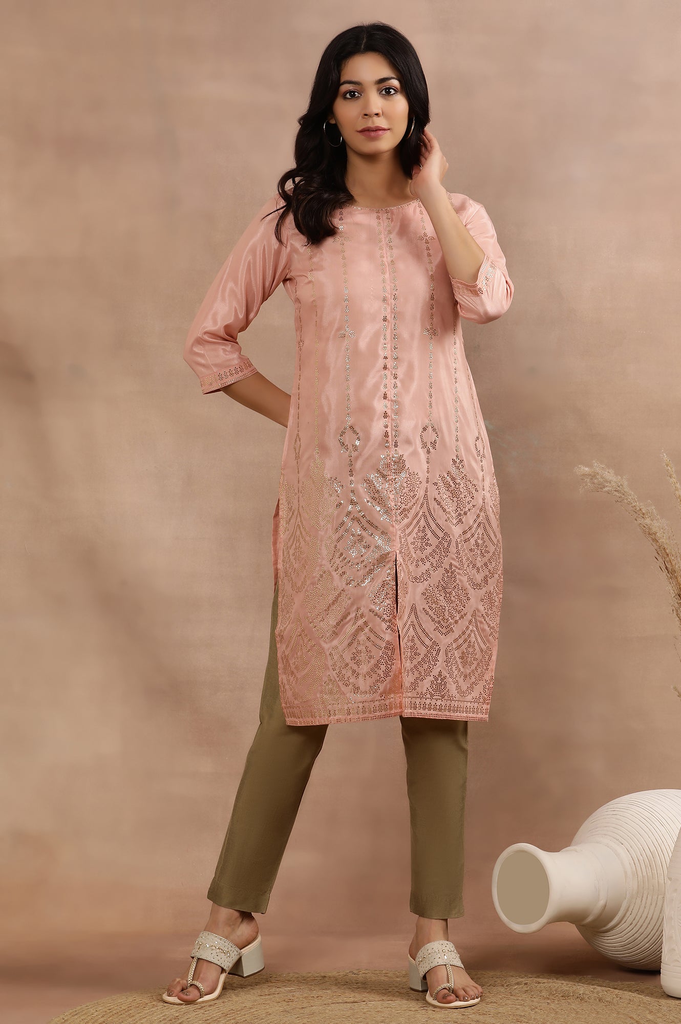 Blush Pink Mukaish Printed Kurta And Pants Set