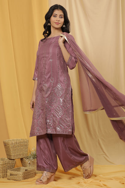 Purple Mukaish Printed Kurta, Parallel Pants And Dupatta Set