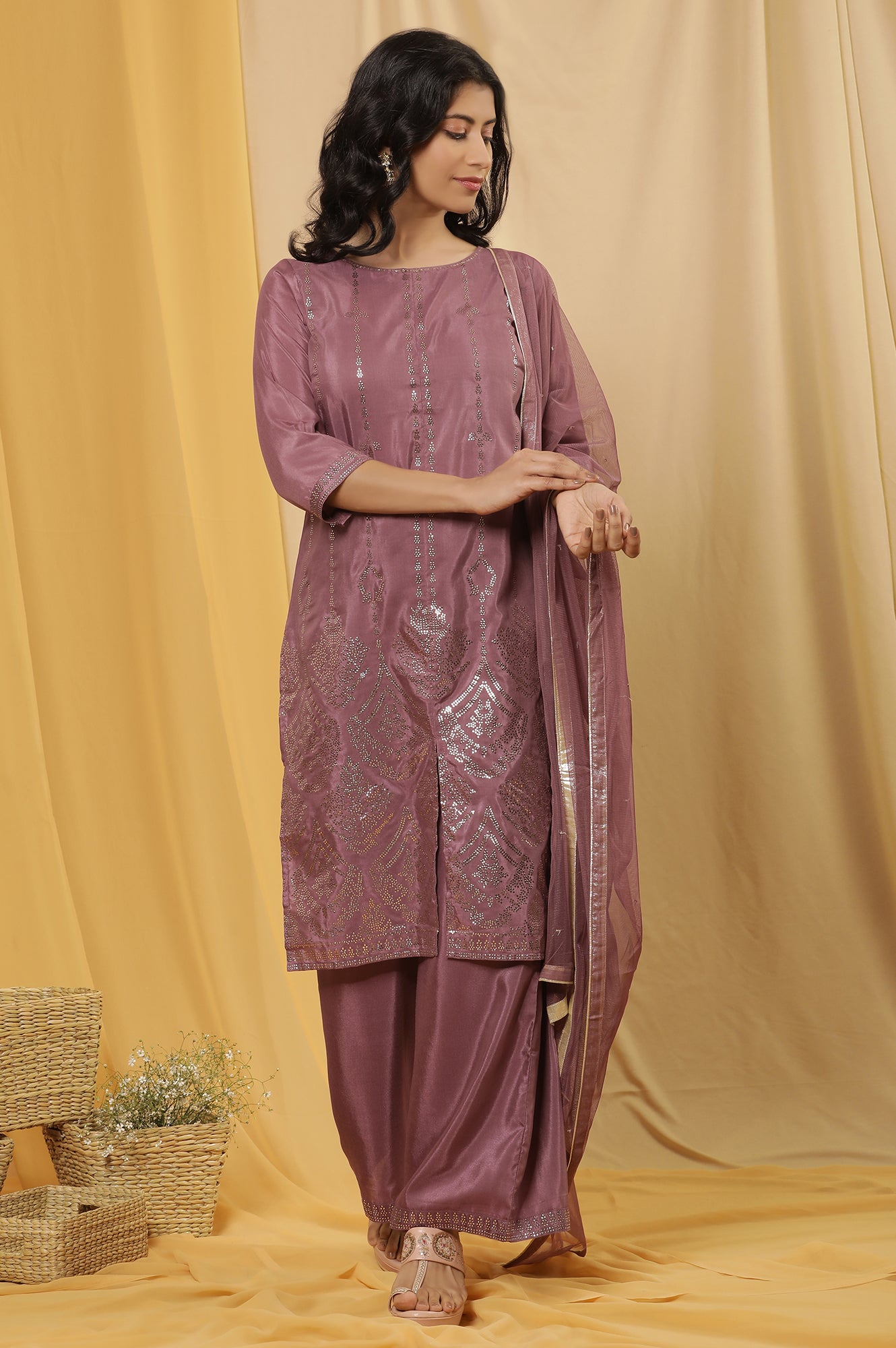 Purple Mukaish Printed Kurta, Parallel Pants And Dupatta Set