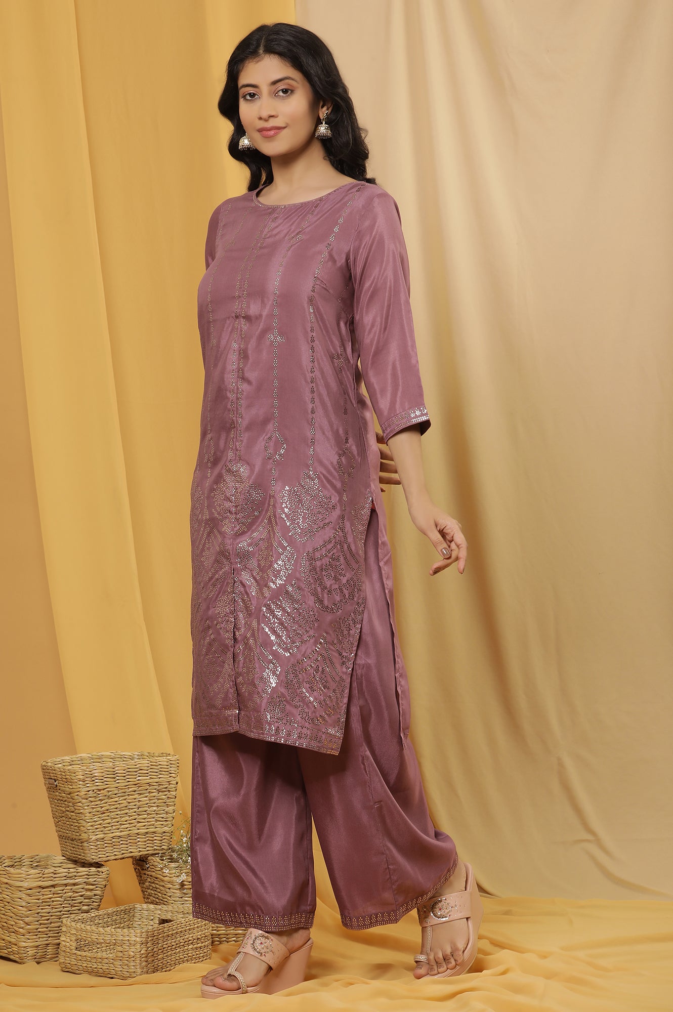 Purple Mukaish Printed Kurta, Parallel Pants And Dupatta Set