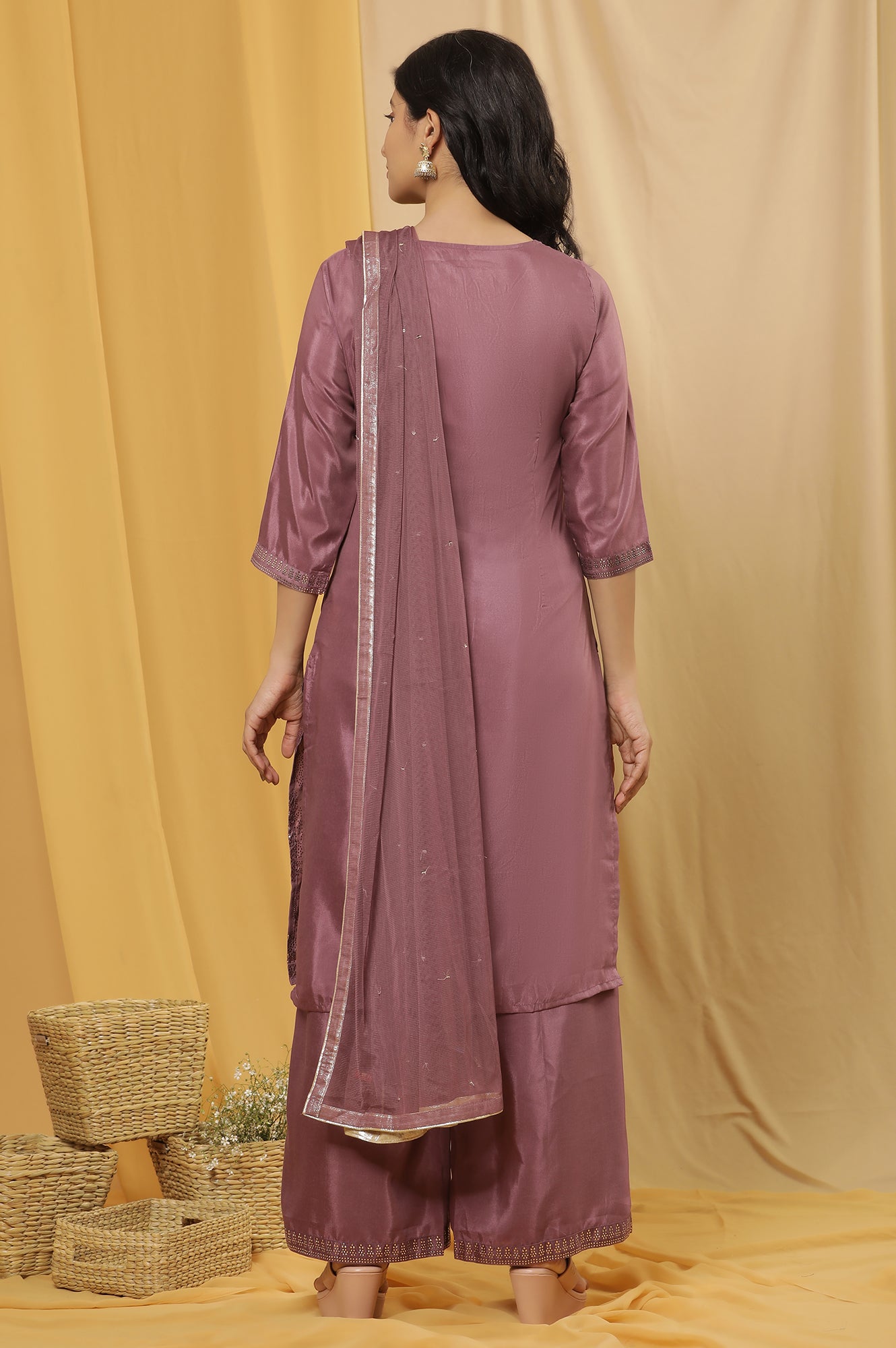 Purple Mukaish Printed Kurta, Parallel Pants And Dupatta Set