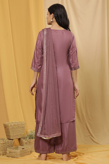 Purple Mukaish Printed Kurta, Parallel Pants And Dupatta Set