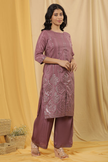 Purple Mukaish Printed Kurta, Parallel Pants And Dupatta Set