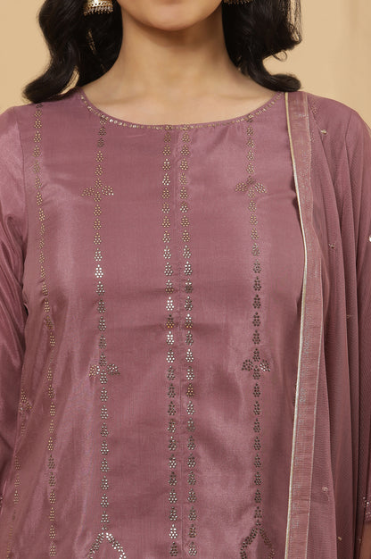 Purple Mukaish Printed Kurta, Parallel Pants And Dupatta Set