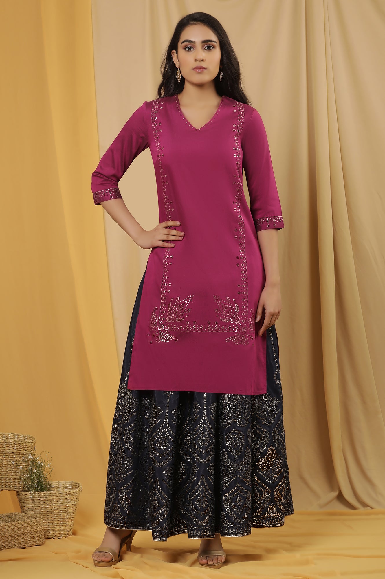 Magenta Mukaish Kurta And Printed Skirt Set