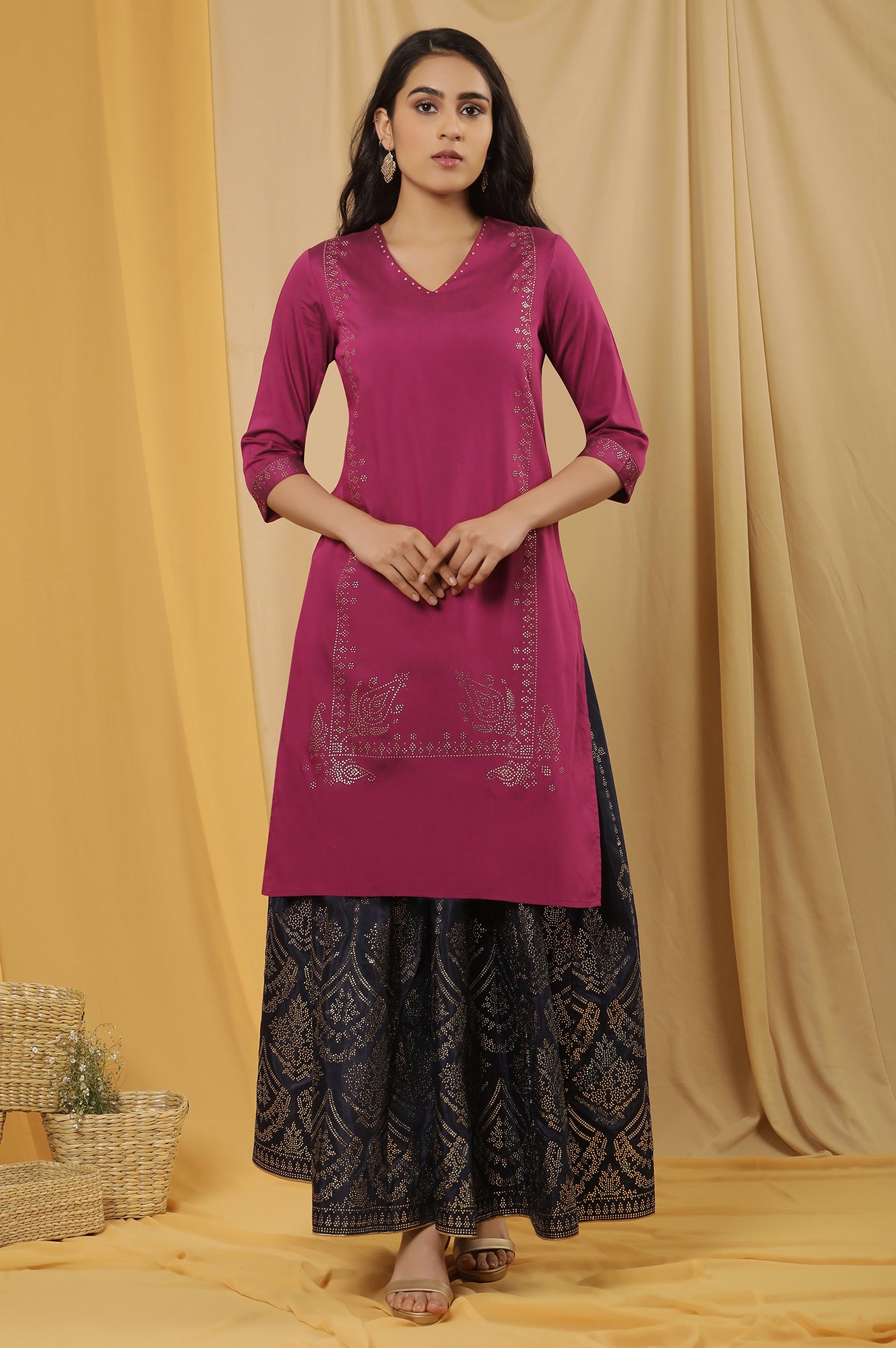 Magenta Mukaish Kurta And Printed Skirt Set