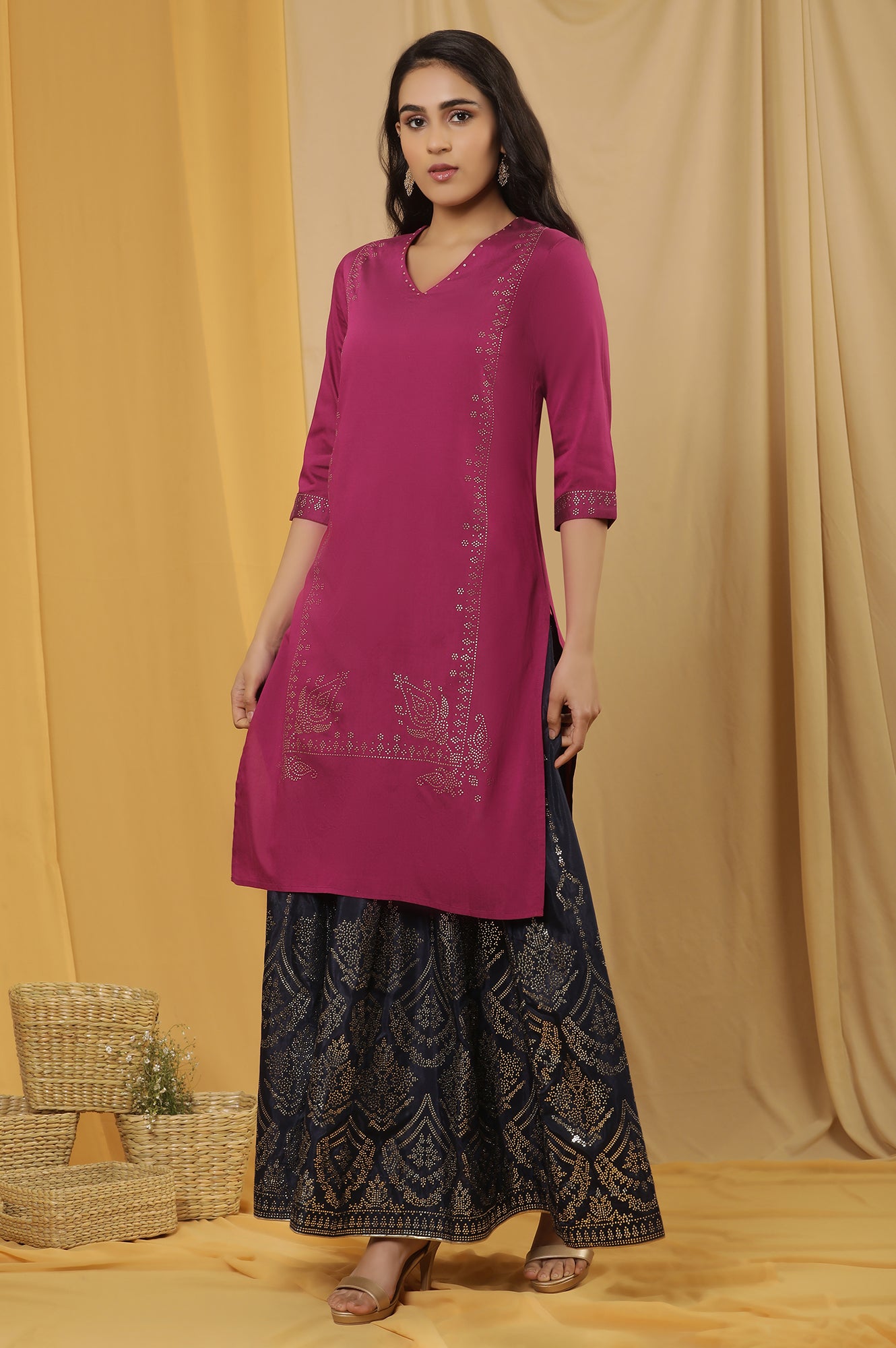 Magenta Mukaish Kurta And Printed Skirt Set