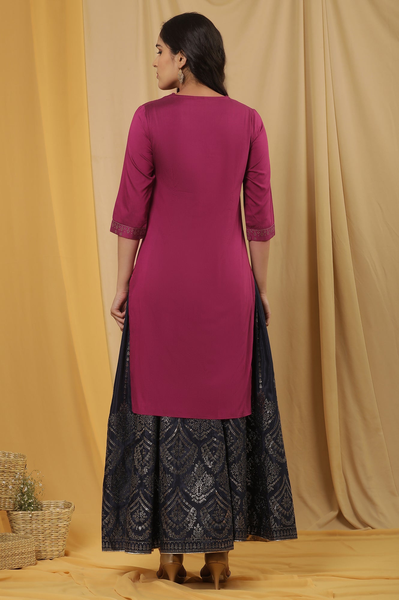 Magenta Mukaish Kurta And Printed Skirt Set