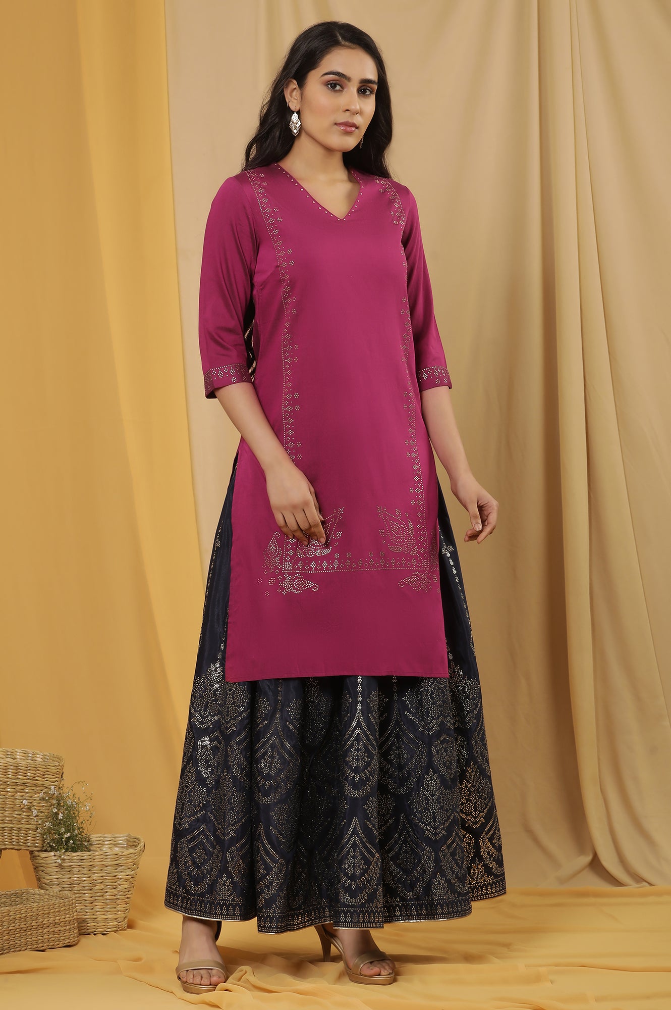 Magenta Mukaish Kurta And Printed Skirt Set