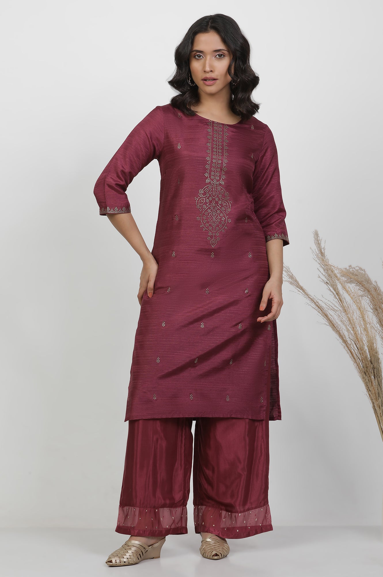 Purple Silk Mukaish Kurta And Parallel Pants Set